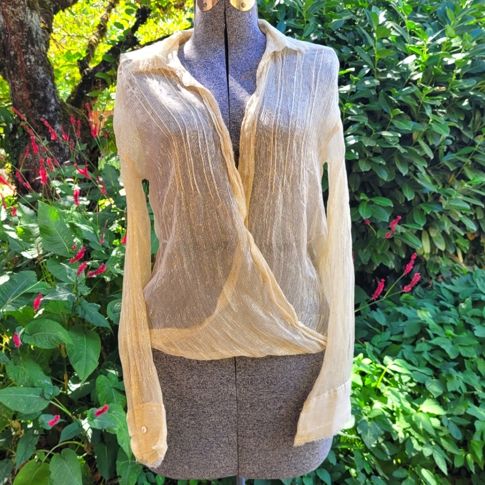 Free People Sheer Mock Wrap Plunging Gold Metallic Crinkle Viscose Blouse